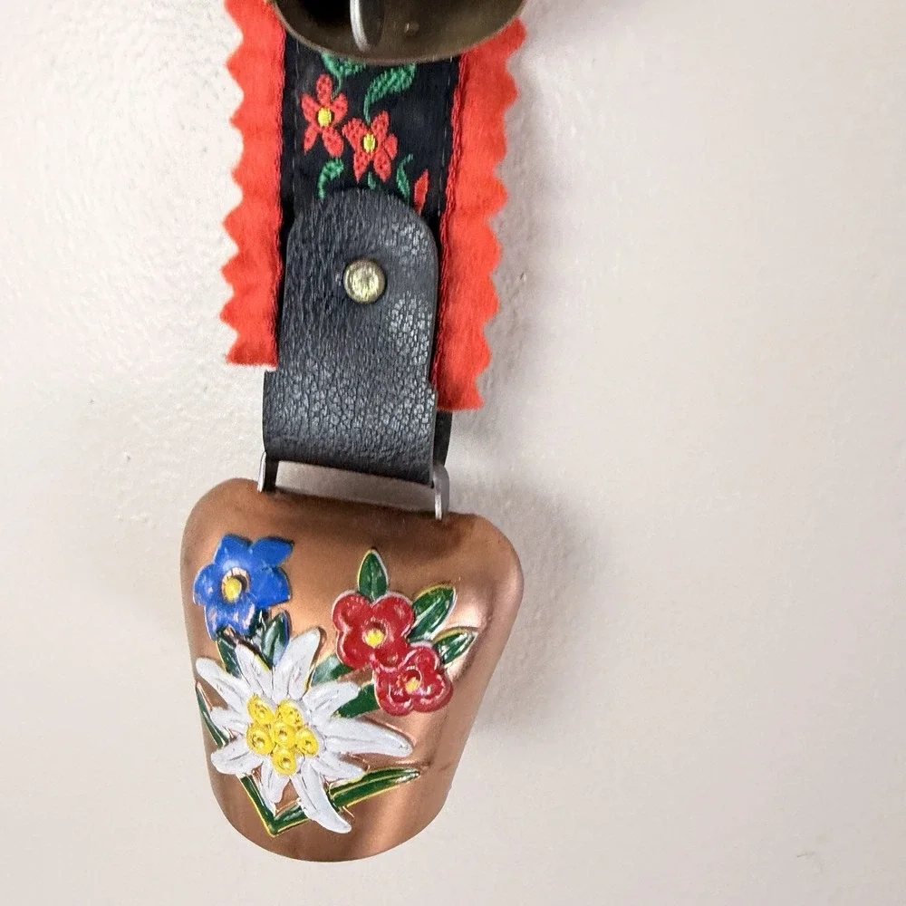 Vintage Brass Swiss Cow Bells Hand Painted on Embroidered Strap
